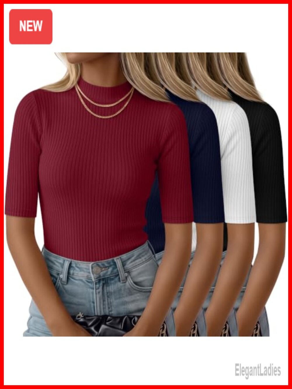 4 Pack Women's Half Sleeve Mock Turtleneck Ribbed Slim Fit Tops